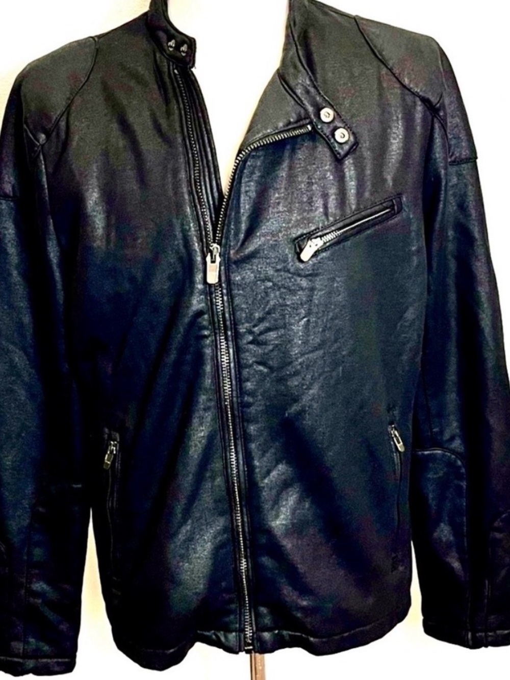 Zara Man Black Faux Leather Asymmetric Moto Biker Jacket XXL